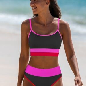 Chic Colorblock Bikini Set - Pink, Black, and Red